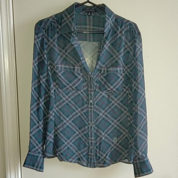Banana Republic, plaid chiffon blouse, sheer, Christmas colors, size M - Picture 1 of 2